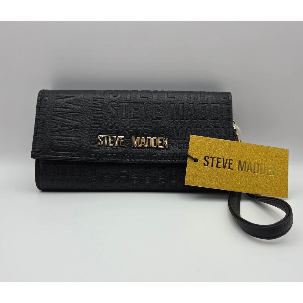Steve Madden BMason Embossed Wristlet Wallet in Black Faux Leather New